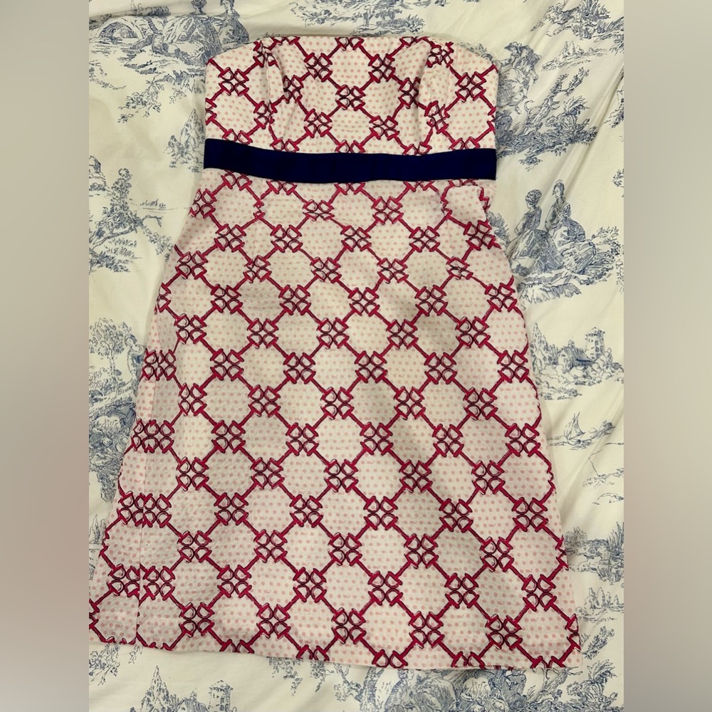 Vineyard Vines Strapless White Cream Dress with Red Lattice and Navy Waistband